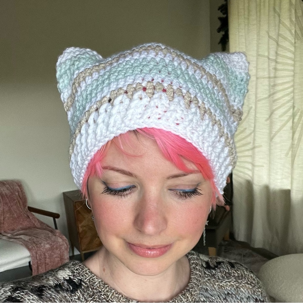 New Handmade Crochet White, Baby Blue, Cream Cat Ear Beanie